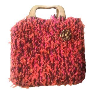 Hand Knit Cottage Core Purse Pink Beaded Flower Pendant Wood Handle. Barbie Core